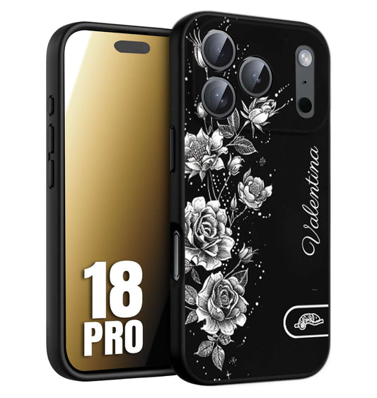 CUSTOMIZZA - Custodia cover nera morbida in tpu compatibile per iPhone 18 PRO personalizzata rilievo soft touch nome rose fiori donna