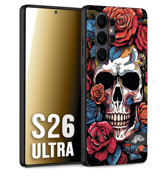 CUSTOMIZZA - Custodia cover nera morbida in tpu compatibile per Samsung S26 ULTRA teschio skull flowers fiori rose rosse tattoo disegnato
