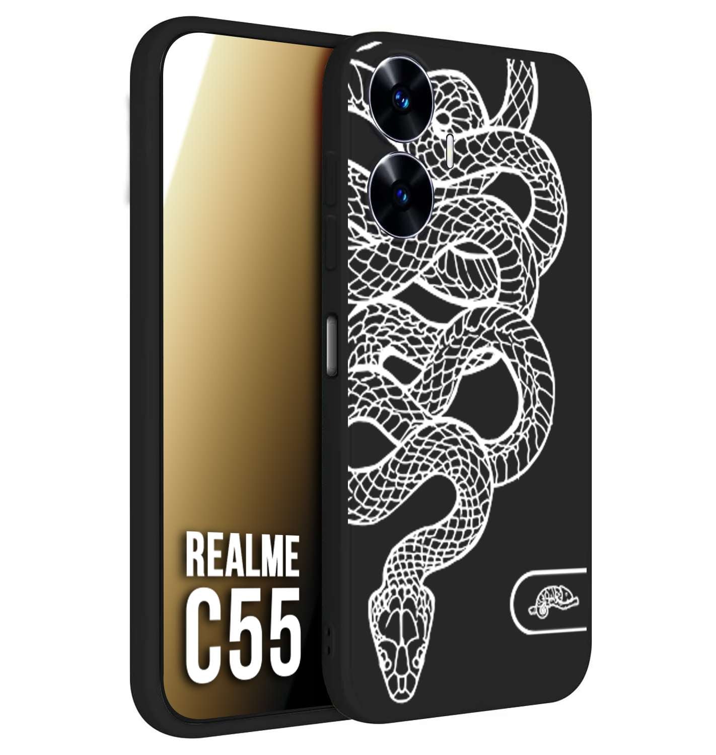 CUSTOMIZZA - Custodia cover nera morbida in tpu compatibile per Oppo C55 serpente snake bianco a rilievo disegnato tattoo tatuaggio