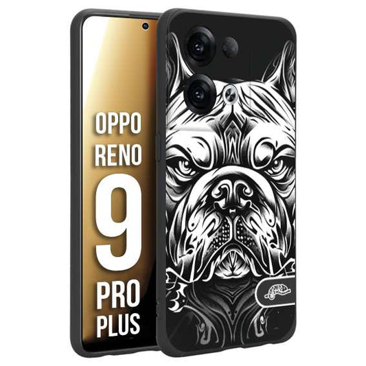 CUSTOMIZZA - Custodia cover nera morbida in tpu compatibile per Oppo Reno 9 PRO PLUS bulldog bianco a rilievo disegnato tattoo tatuaggio