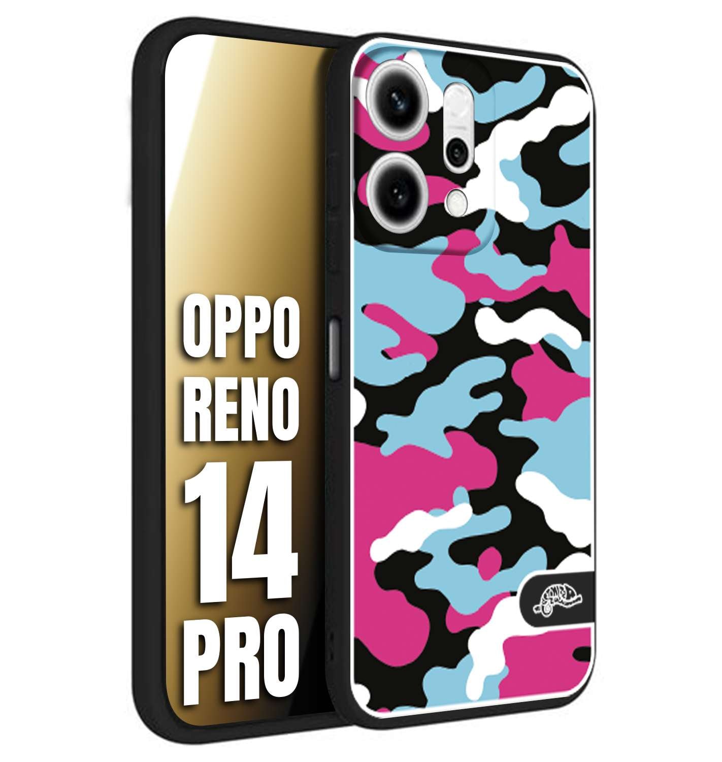 CUSTOMIZZA - Custodia cover nera morbida in tpu compatibile per Oppo Reno 14 PRO camouflage mimetico militare fucsia celeste