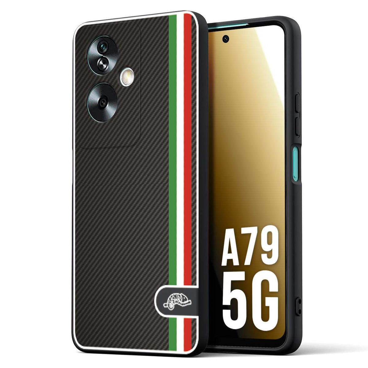 CUSTOMIZZA - Custodia cover nera morbida in tpu compatibile per Oppo A79 5G effetto fibra di carbonio bandiera Italia made in Italy
