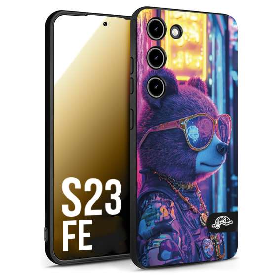 CUSTOMIZZA - Custodia cover nera morbida in tpu compatibile per Samsung S23 FE animali cyberpunk orsetto orso street bear fucsia blu night