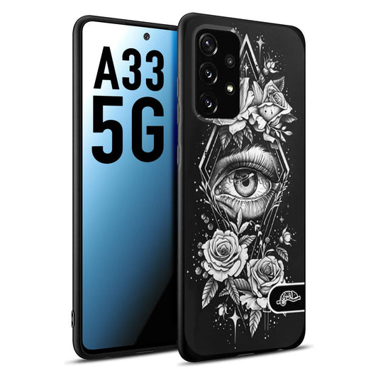 CUSTOMIZZA - Custodia cover nera morbida in tpu compatibile per Samsung A33 5G occhio fiori rombo geometrico black and white bianco a rilievo disegnato tattoo tatuaggio