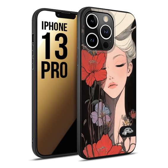 CUSTOMIZZA - Custodia cover nera morbida in tpu compatibile per iPhone 13 PRO woman flower Fantasia Floreale Design Donna e Fiori, Retro Artistico