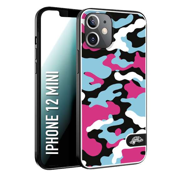 CUSTOMIZZA - Custodia cover nera morbida in tpu compatibile per iPhone 12 MINI camouflage mimetico militare fucsia celeste