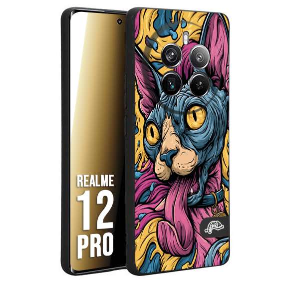 CUSTOMIZZA - Custodia cover nera morbida in tpu compatibile per Realme 12 PRO Sphynx Colorato Pop Art Psichedelico Gatto Blu Rosa Giallo Artistica Fantasy