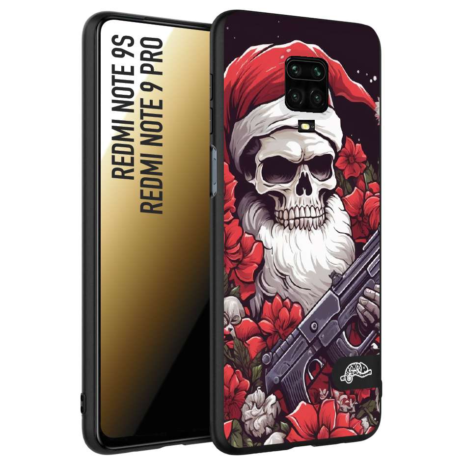 CUSTOMIZZA - Custodia cover nera morbida in tpu compatibile per Xiaomi Redmi Note 9S - Note 9 PRO teschio natale santa claus fiori tattoo disegnato