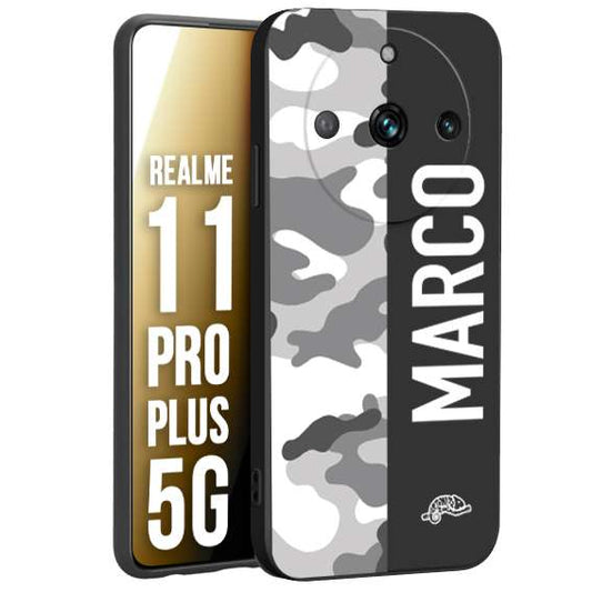 CUSTOMIZZA - Custodia cover nera morbida in tpu compatibile per Realme 11 PRO PLUS 5G camouflage mimetico militare personalizzata nome bianco