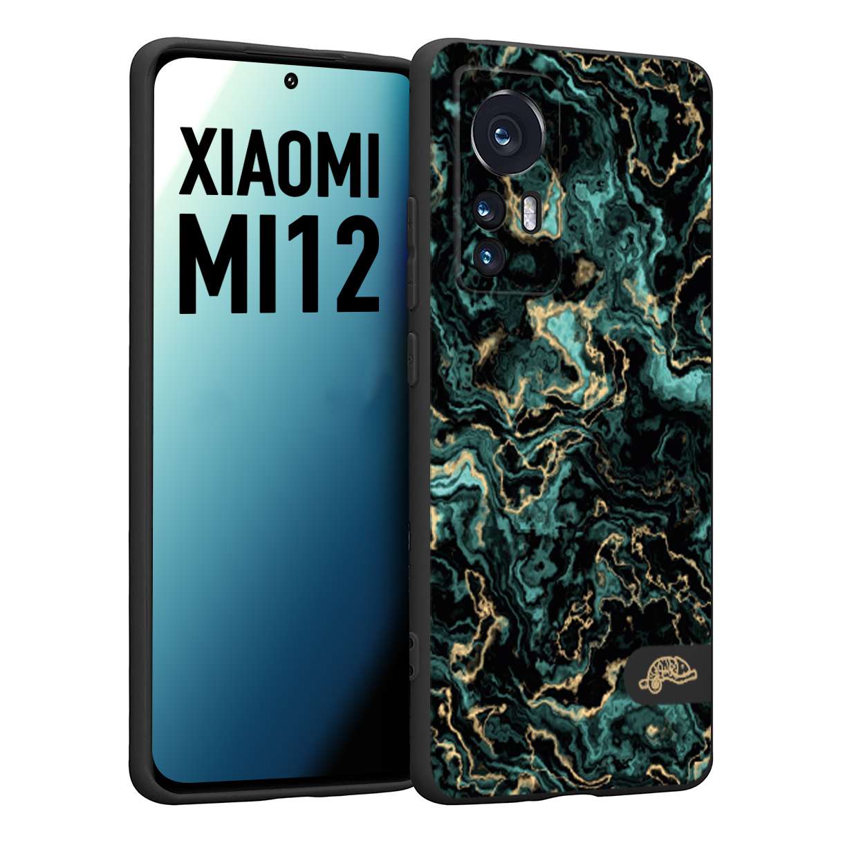 CUSTOMIZZA - Custodia cover nera morbida in tpu compatibile per Xiaomi 12 5G effetto marmo marble verde green venature dorato pietra