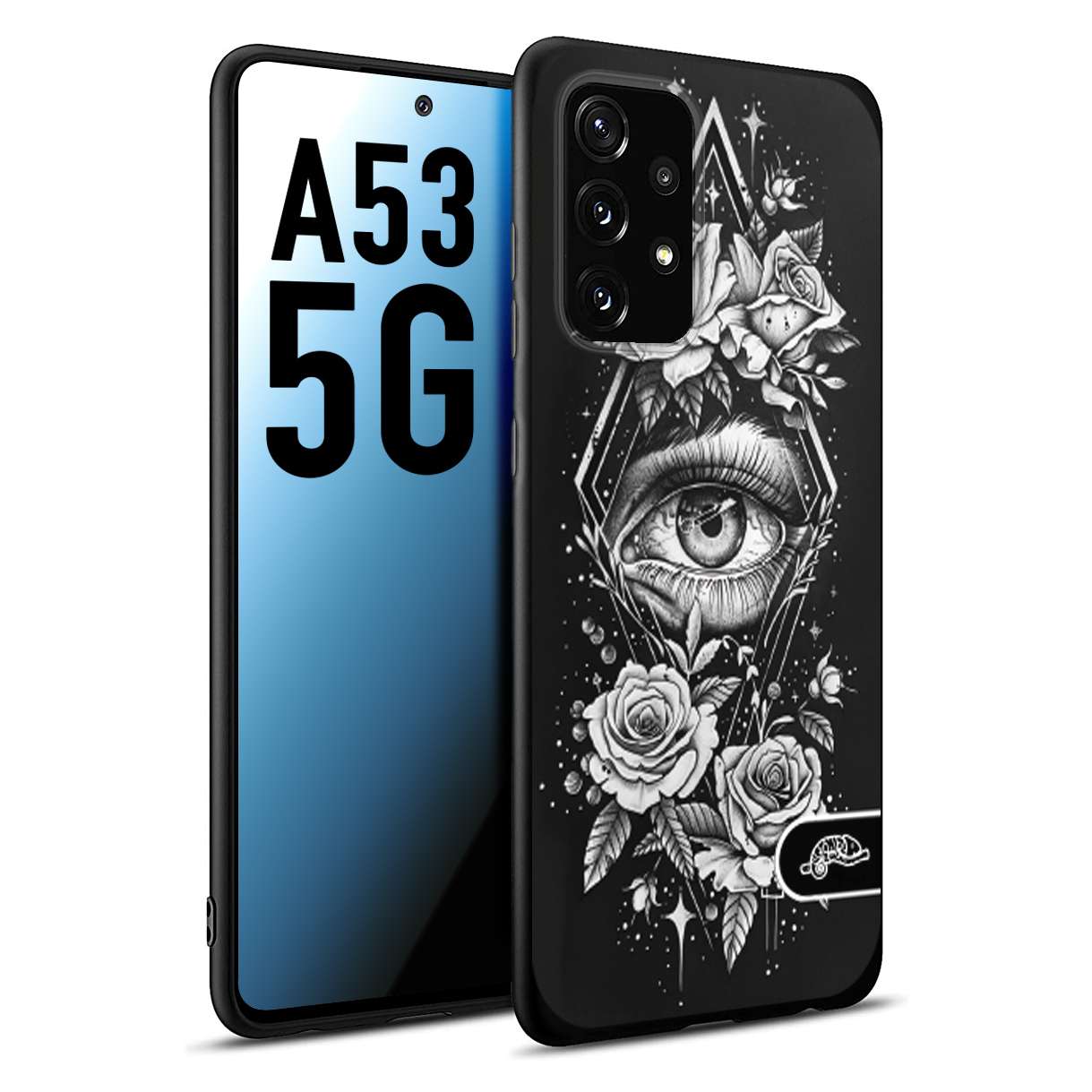 CUSTOMIZZA - Custodia cover nera morbida in tpu compatibile per Samsung A53 5G occhio fiori rombo geometrico black and white bianco a rilievo disegnato tattoo tatuaggio