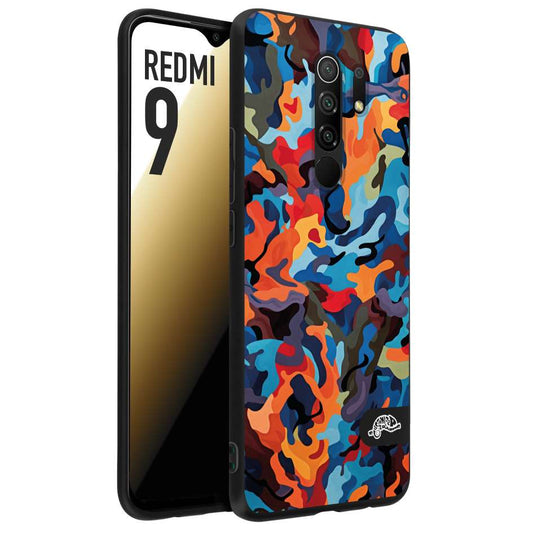 CUSTOMIZZA - Custodia cover nera morbida in tpu compatibile per Xiaomi Redmi 9 camouflage mimetico militare moderno blu arancio rosso