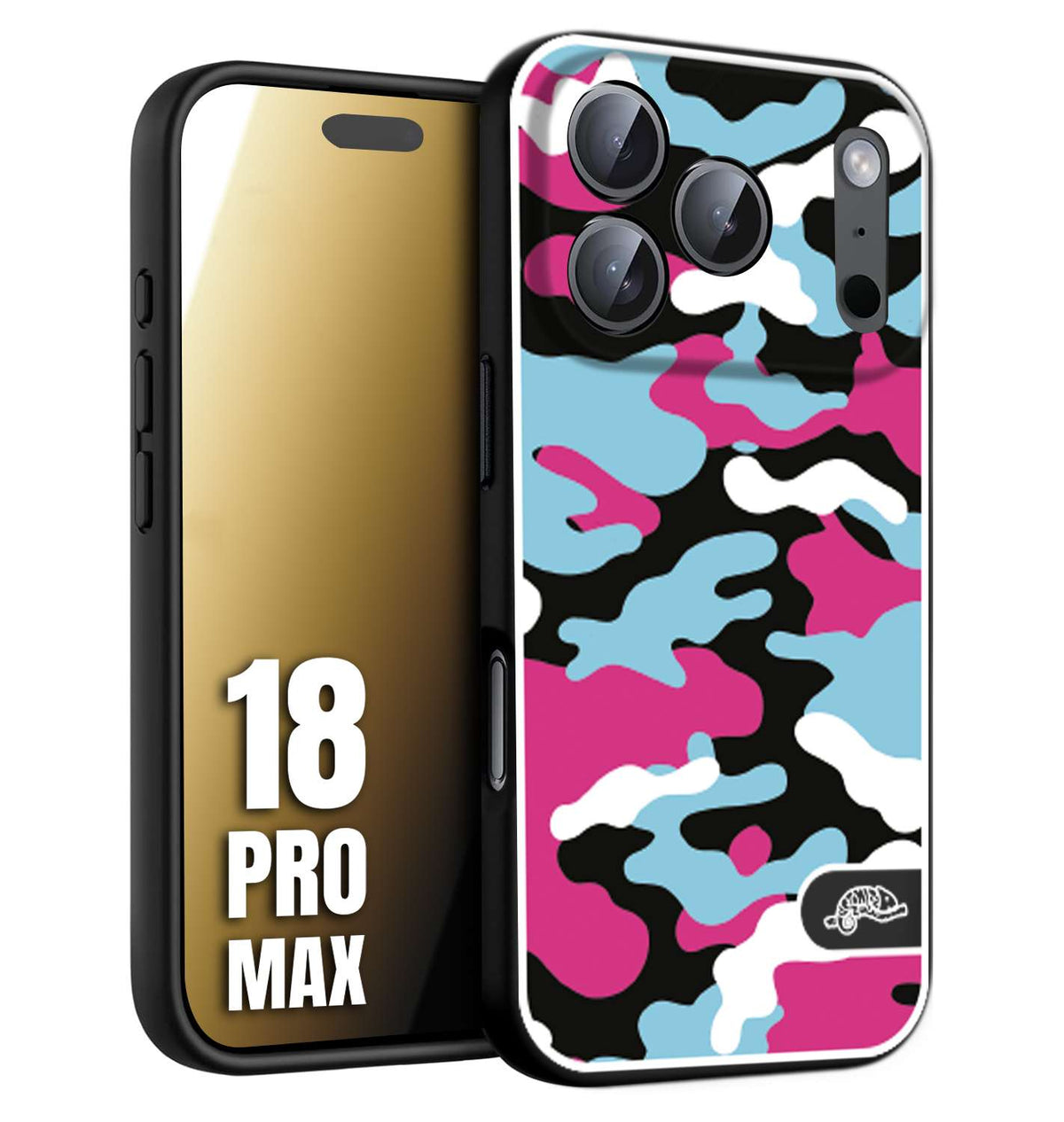 CUSTOMIZZA - Custodia cover nera morbida in tpu compatibile per iPhone 18 PRO MAX camouflage mimetico militare fucsia celeste