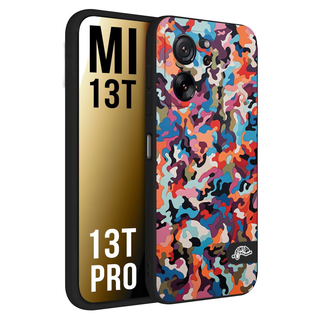 CUSTOMIZZA - Custodia cover nera morbida in tpu compatibile per Xiaomi 13T - 13T PRO camouflage mimetico militare moderno blu arancio rosa