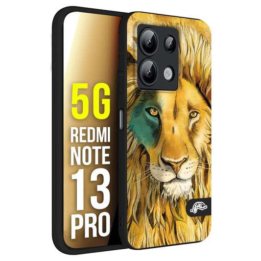 CUSTOMIZZA - Custodia cover nera morbida in tpu compatibile per Xiaomi Redmi Note 13 PRO 5G leone lion disegnato a mano giallo blu a rilievo artistico brown