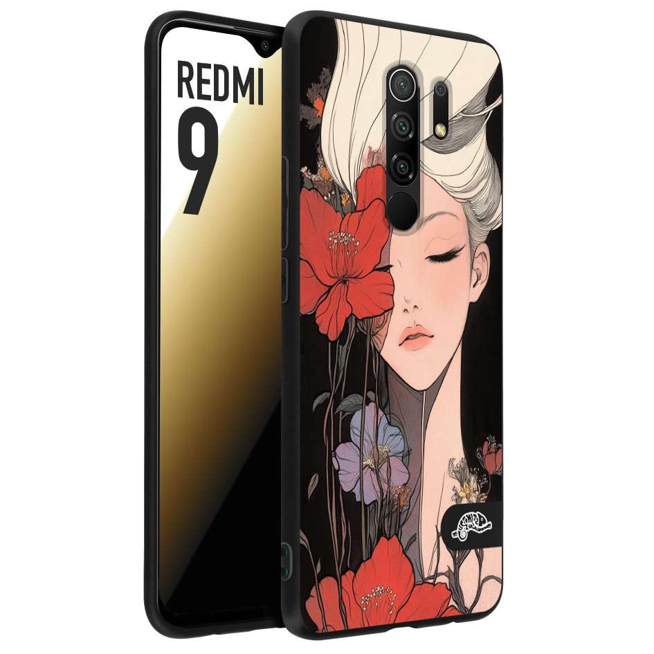 CUSTOMIZZA - Custodia cover nera morbida in tpu compatibile per Xiaomi Redmi 9 woman flower Fantasia Floreale Design Donna e Fiori, Retro Artistico