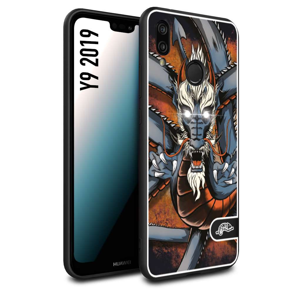 CUSTOMIZZA - Custodia cover nera morbida in tpu compatibile per Huawei Y9 2019 drago giapponese tattoo japan dragon