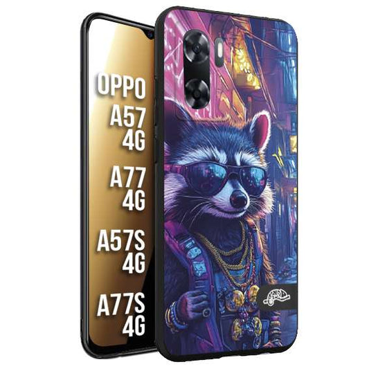 CUSTOMIZZA - Custodia cover nera morbida in tpu compatibile per Oppo A57 - A77 - A57S - A77S (4G) animali simpatici cyberpunk procione racoon street cat fucsia blu giallo