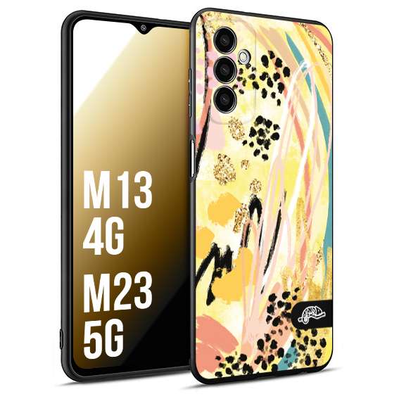 CUSTOMIZZA - Custodia cover nera morbida in tpu compatibile per Samsung M13 4G - M23 5G astratti donna flower fantasia estate gialla rosa leopardata