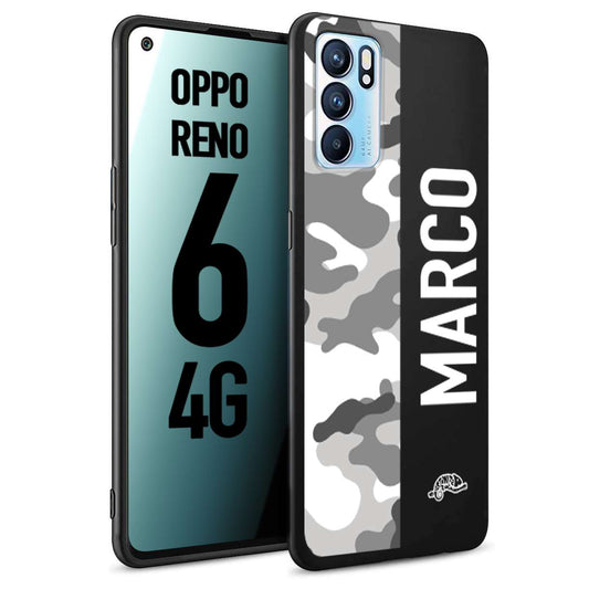 CUSTOMIZZA - Custodia cover nera morbida in tpu compatibile per Oppo Reno 6 4G camouflage mimetico militare personalizzata nome bianco