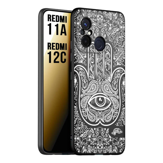 CUSTOMIZZA - Custodia cover nera morbida in tpu compatibile per Xiaomi Redmi 11A - 12C mano di fatima effetto rilievo mandala donna