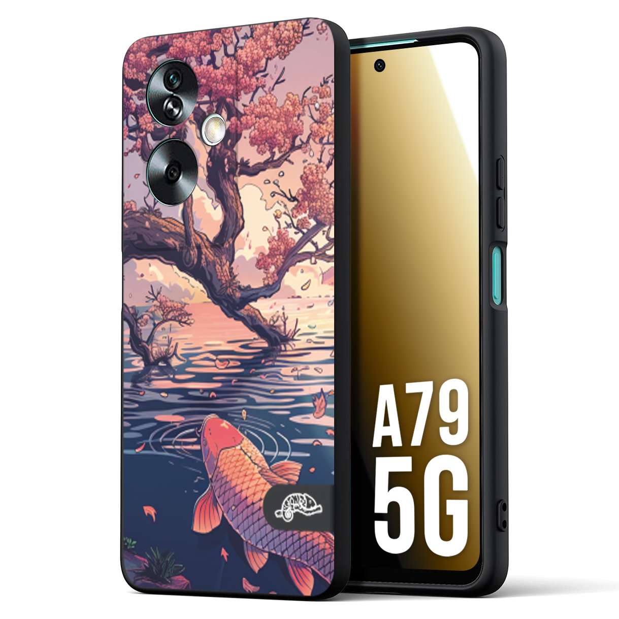 CUSTOMIZZA - Custodia cover nera morbida in tpu compatibile per Oppo A79 5G giapponese lago carpa koi rosa con foglie d'acero disegnata tattoo