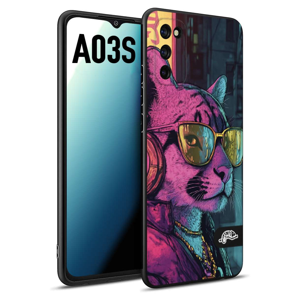 CUSTOMIZZA - Custodia cover nera morbida in tpu compatibile per Samsung A03S animali cyberpunk pantera street cat fucsia blu giallo