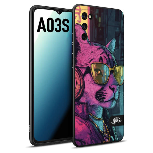 CUSTOMIZZA - Custodia cover nera morbida in tpu compatibile per Samsung A03S animali cyberpunk pantera street cat fucsia blu giallo