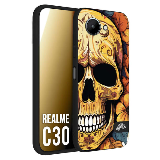 CUSTOMIZZA - Custodia cover nera morbida in tpu compatibile per Realme C30 teschio messicano colorato dorato fiori autunnali disegnato