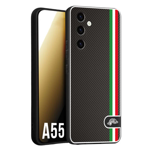 CUSTOMIZZA - Custodia cover nera morbida in tpu compatibile per Samsung A55 5G effetto fibra di carbonio bandiera Italia made in Italy