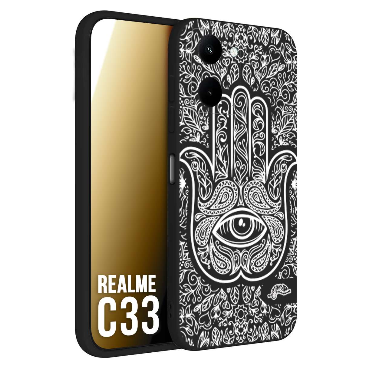 CUSTOMIZZA - Custodia cover nera morbida in tpu compatibile per Oppo Realme C33 mano di fatima effetto rilievo mandala donna