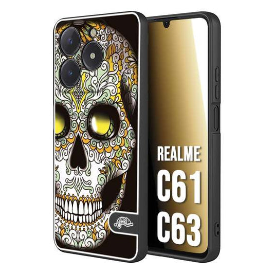 CUSTOMIZZA - Custodia cover nera morbida in tpu compatibile per Realme C61 - C63 teschio messicano Mexican skull bianco verde giallo