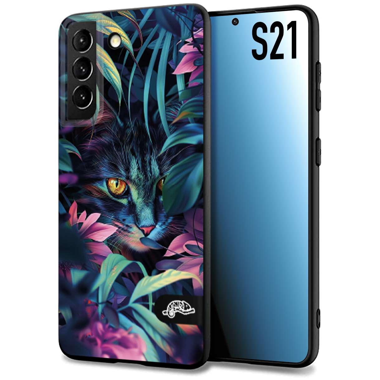 CUSTOMIZZA - Custodia cover nera morbida in tpu compatibile per Samsung S21 animali color giungla tropicale occhio di gatto colori vibranti disegnato