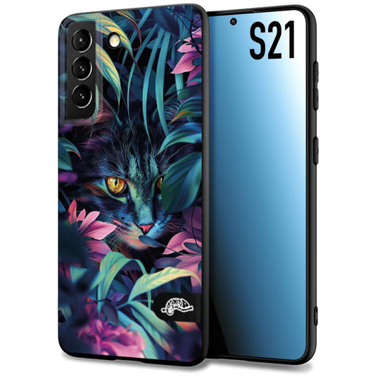 CUSTOMIZZA - Custodia cover nera morbida in tpu compatibile per Samsung S21 animali color giungla tropicale occhio di gatto colori vibranti disegnato