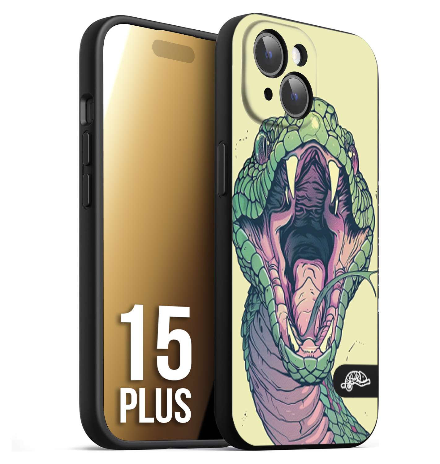 CUSTOMIZZA - Custodia cover nera morbida in tpu compatibile per iPhone 15 PLUS snake yellow green serpente tatuaggio tattoo disegnato a mano