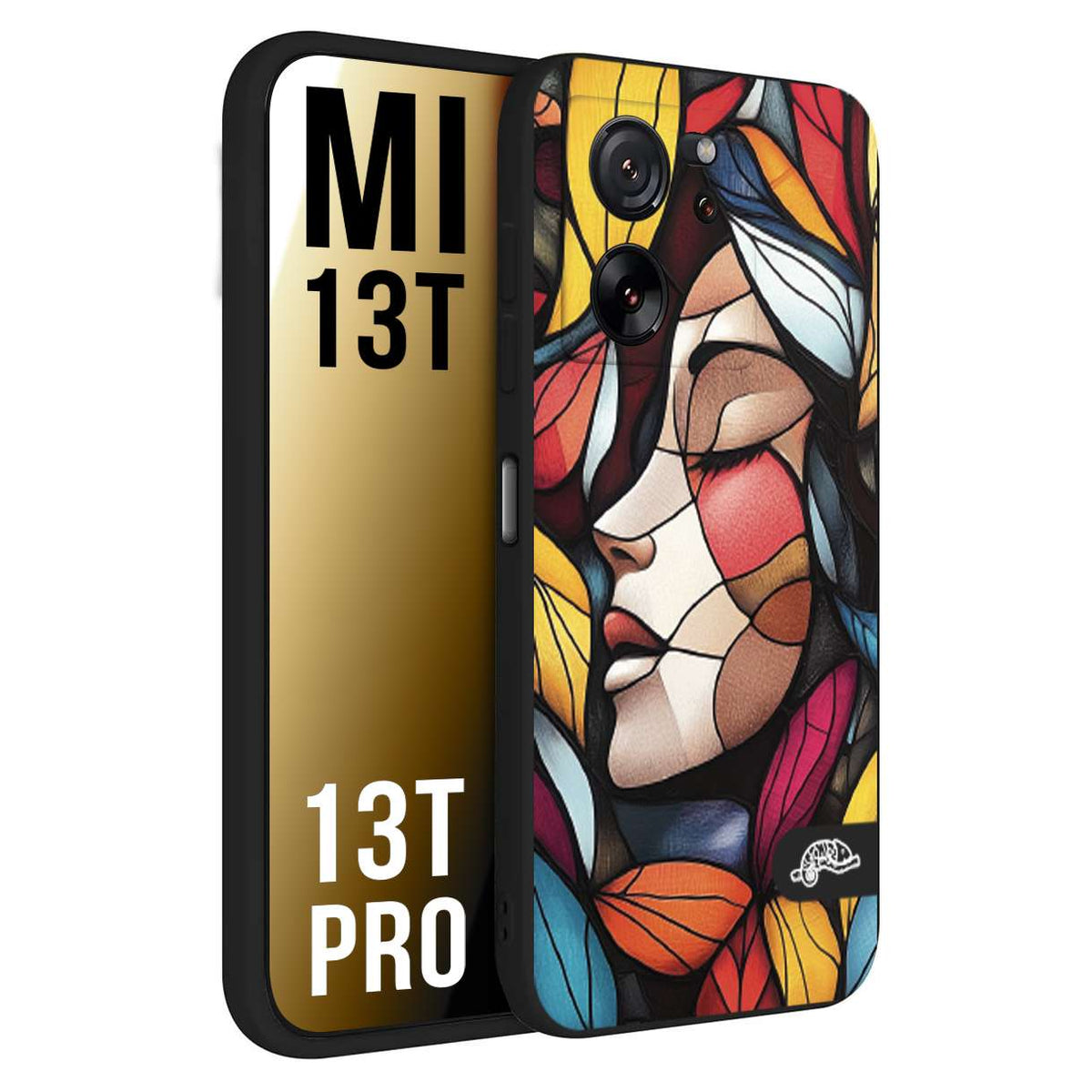 CUSTOMIZZA - Custodia cover nera morbida in tpu compatibile per Xiaomi 13T - 13T PRO Vetrata artistica volto di donna profilo fogliare mosaico di vetro colorato