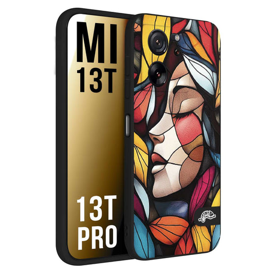CUSTOMIZZA - Custodia cover nera morbida in tpu compatibile per Xiaomi 13T - 13T PRO Vetrata artistica volto di donna profilo fogliare mosaico di vetro colorato