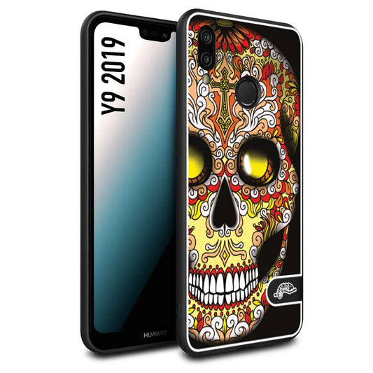 CUSTOMIZZA - Custodia cover nera morbida in tpu compatibile per Huawei Y9 2019 teschio messicano Mexican skull giallo rosso arancio