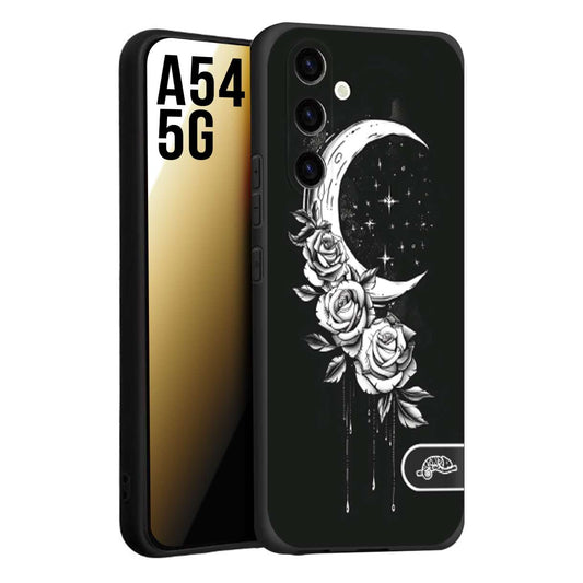 CUSTOMIZZA - Custodia cover nera morbida in tpu compatibile per Samsung A54 5G luna e fiori moon flowers black and white bianco a rilievo disegnato