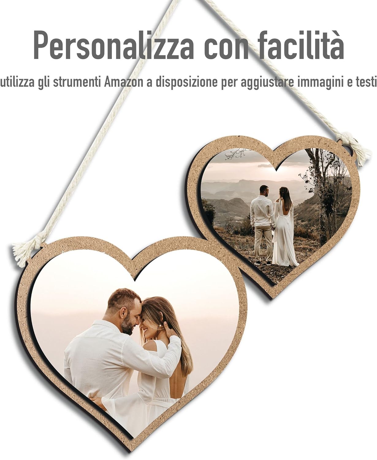 CUSTOMIZZA - Idea Regalo San Valentino quadro in legno Personalizzato con la tua Foto con cordino in cotone da 0,6 mm cuorI