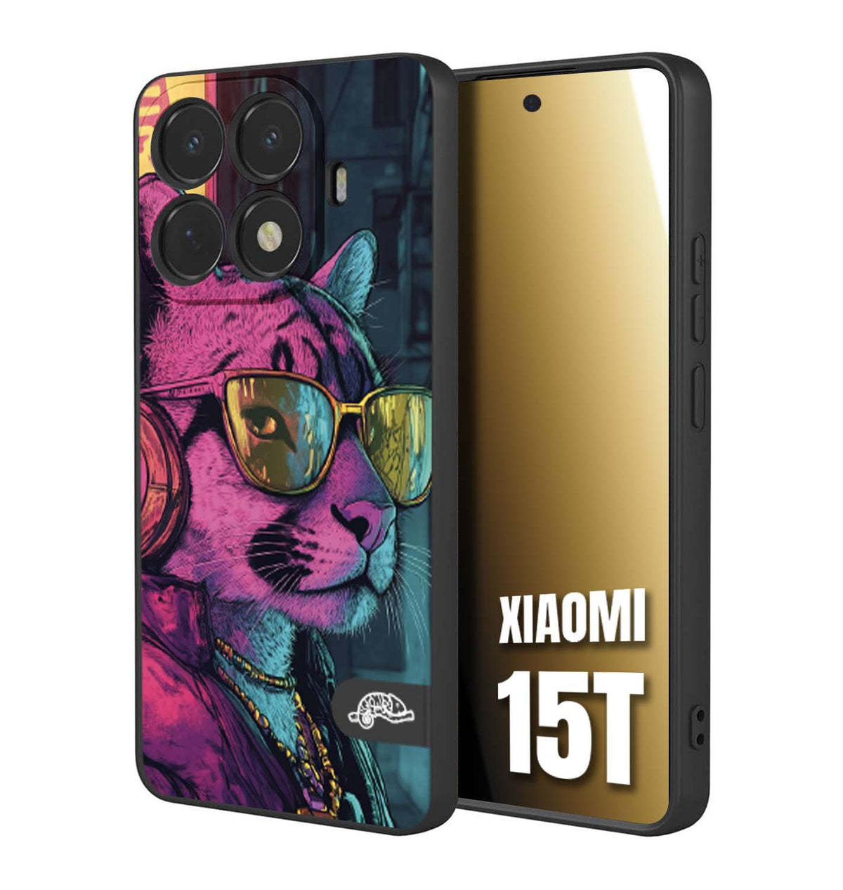 CUSTOMIZZA - Custodia cover nera morbida in tpu compatibile per Xiaomi 15T animali cyberpunk pantera street cat fucsia blu giallo