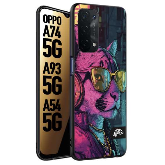 CUSTOMIZZA - Custodia cover nera morbida in tpu compatibile per Oppo A74 5G - A93 5G - A54 5G animali cyberpunk pantera street cat fucsia blu giallo