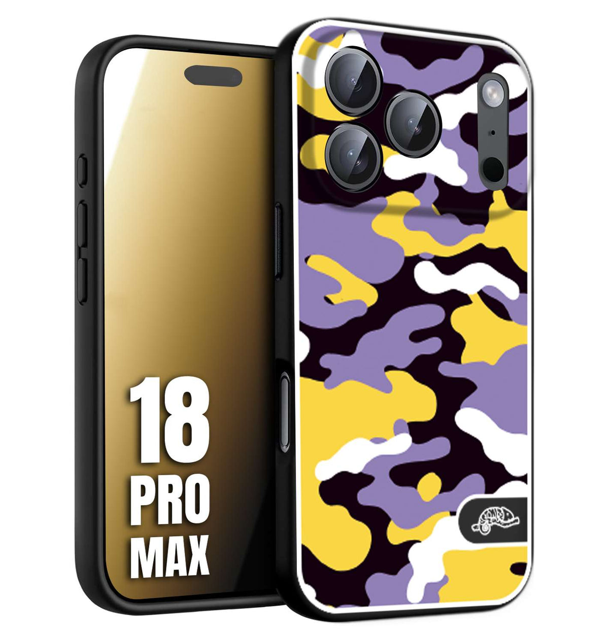 CUSTOMIZZA - Custodia cover nera morbida in tpu compatibile per iPhone 18 PRO MAX camouflage mimetico militare viola lilla giallo