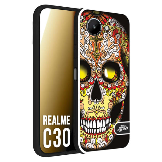 CUSTOMIZZA - Custodia cover nera morbida in tpu compatibile per Oppo Realme C30 teschio messicano Mexican skull giallo rosso arancio