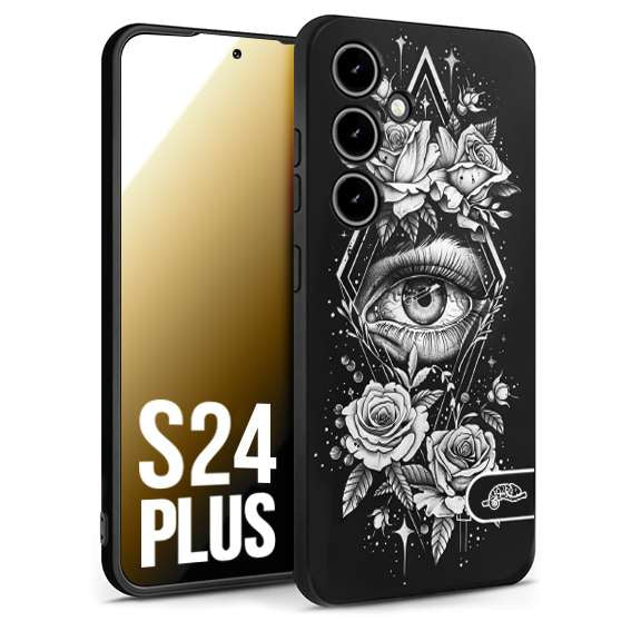 CUSTOMIZZA - Custodia cover nera morbida in tpu compatibile per Samsung S24 PLUS occhio fiori rombo geometrico black and white bianco a rilievo disegnato tattoo tatuaggio