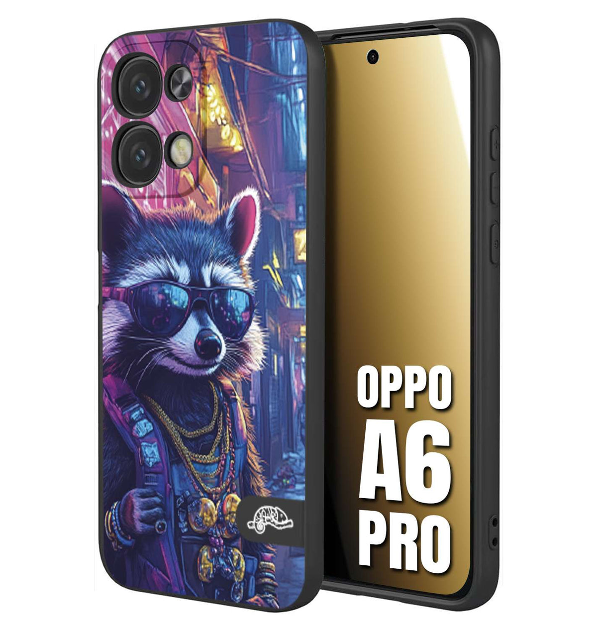 CUSTOMIZZA - Custodia cover nera morbida in tpu compatibile per Oppo A6 PRO animali simpatici cyberpunk procione racoon street cat fucsia blu giallo