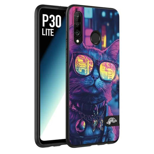 CUSTOMIZZA - Custodia cover nera morbida in tpu compatibile per Huawei P30 LITE animali cyberpunk gatto street cat fucsia blu giallo