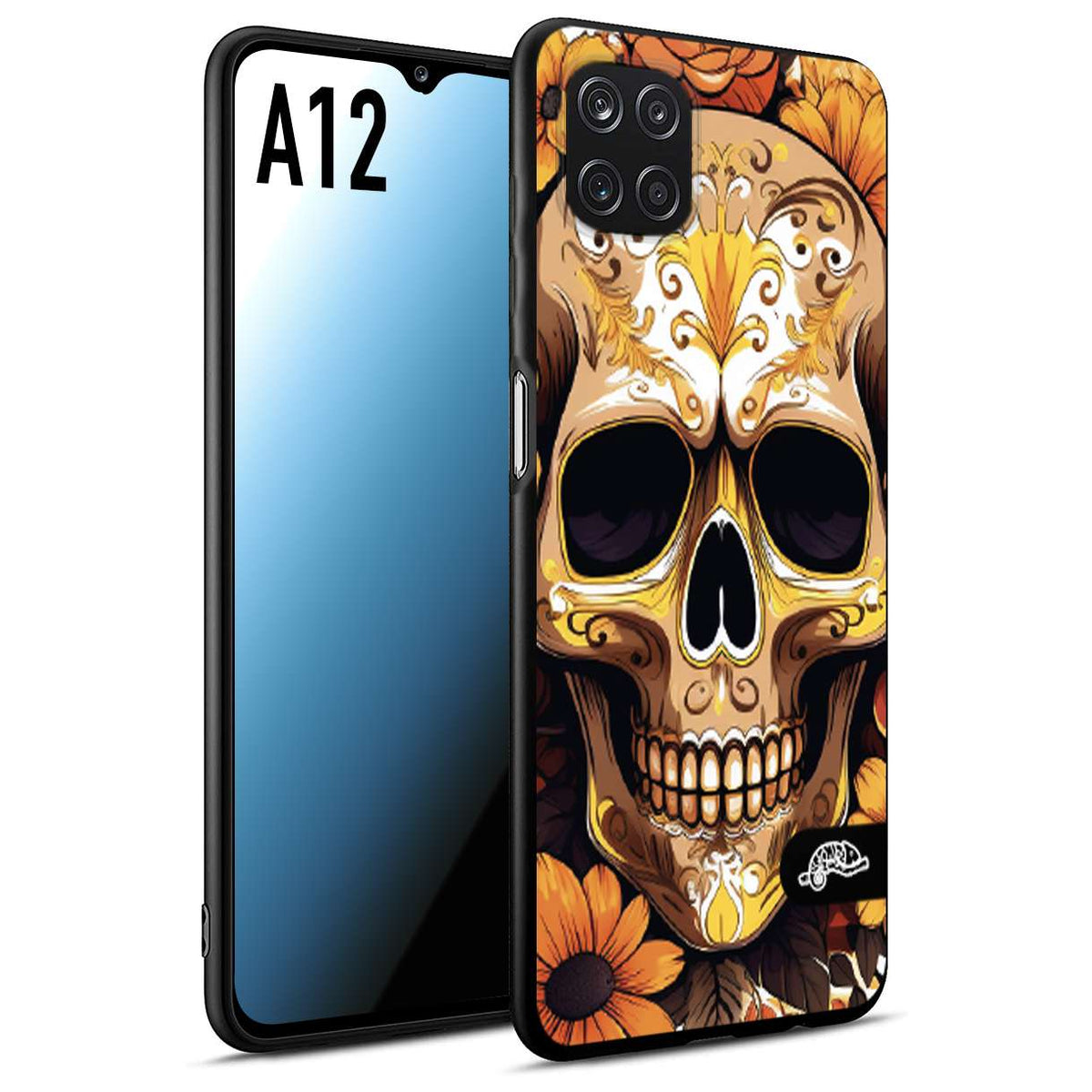 CUSTOMIZZA - Custodia cover nera morbida in tpu compatibile per Samsung A12 teschio messicano colorato dorato fiori tattoo disegnato