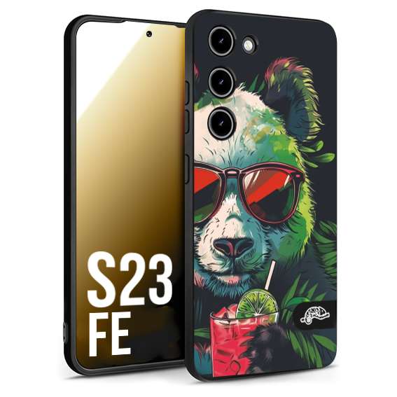 CUSTOMIZZA - Custodia cover nera morbida in tpu compatibile per Samsung S23 FE estate disegnata cocktails animali simpatici panda mojito