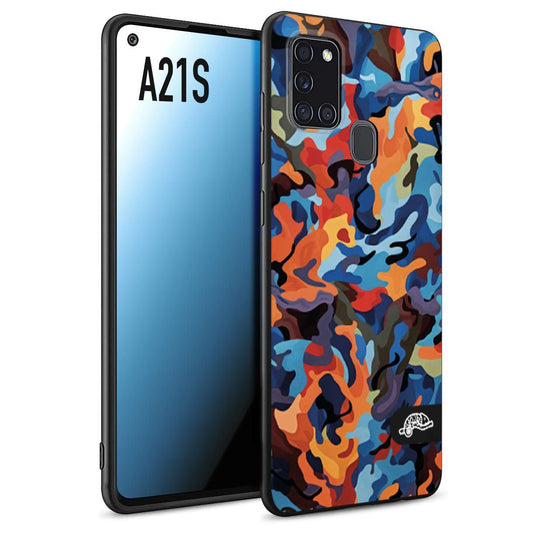 CUSTOMIZZA - Custodia cover nera morbida in tpu compatibile per Samsung A21S camouflage mimetico militare moderno blu arancio rosso